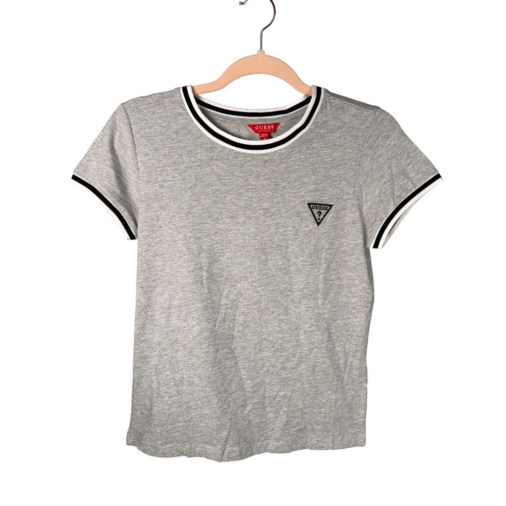Guess Gray Logo Ringer Tee Y2K Baby Tee Casual Basic Logo Top‎